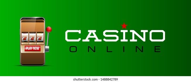 Illustration banner of mobile online casino application with 777 big win slot machine. Realistic advertising poster with online mobile app casino and Jackpot 777. Play now in One Armed Bandit banner