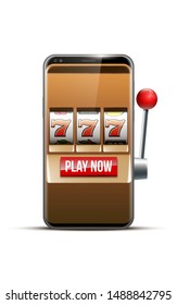 Illustration banner of mobile online casino application with 777 big win slot machine. Realistic advertising poster with online mobile app casino and Jackpot 777. Play now in One Armed Bandit banner