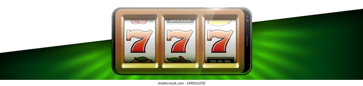 Illustration banner of mobile online casino application with 777 big win slot machine. Realistic advertising poster with online mobile app casino and Jackpot 777. Play now in One Armed Bandit banner