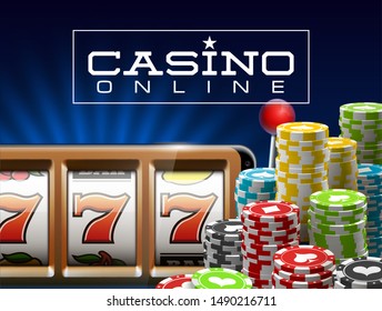 Illustration banner of mobile online casino application with 777 big win slot machine. Realistic advertising poster with online mobile app casino and Jackpot 777. Play now in One Armed Bandit banner