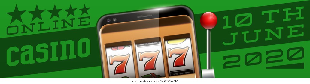 Illustration banner of mobile online casino application with 777 big win slot machine. Realistic advertising poster with online mobile app casino and Jackpot 777. Play now in One Armed Bandit banner