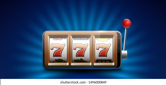 Illustration banner of mobile online casino application with 777 big win slot machine. Realistic advertising poster with online mobile app casino and Jackpot 777. Play now in One Armed Bandit banner