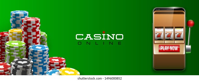 Illustration banner of mobile online casino application with 777 big win slot machine. Realistic advertising poster with online mobile app casino and Jackpot 777. Play now in One Armed Bandit banner