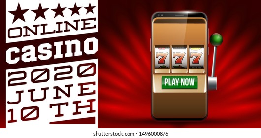 Illustration banner of mobile online casino application with 777 big win slot machine. Realistic advertising poster with online mobile app casino and Jackpot 777. Play now in One Armed Bandit banner