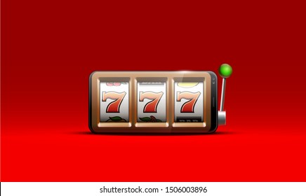 Illustration banner of mobile online casino application with 777 big win slot machine. Realistic advertising poster with online mobile app casino and Jackpot 777. Play now in One Armed Bandit banner