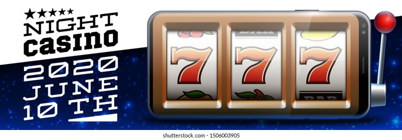 Illustration banner of mobile online casino application with 777 big win slot machine. Realistic advertising poster with online mobile app casino and Jackpot 777. Play now in One Armed Bandit banner