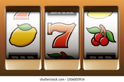 Illustration banner of mobile online casino application with 777 big win slot machine. Realistic advertising poster with online mobile app casino and Jackpot 777. Play now in One Armed Bandit banner