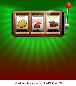 Illustration banner of mobile online casino application with 777 big win slot machine. Realistic advertising poster with online mobile app casino and Jackpot 777. Play now in One Armed Bandit banner