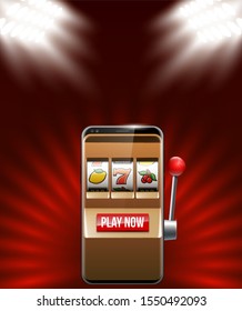 Illustration banner of mobile online casino application with 777 big win slot machine. Realistic advertising poster with online mobile app casino and Jackpot 777. Play now in One Armed Bandit banner