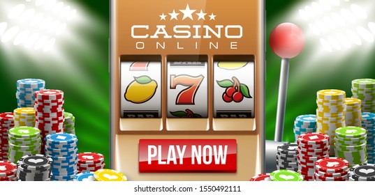 Illustration banner of mobile online casino application with 777 big win slot machine. Realistic advertising poster with online mobile app casino and Jackpot 777. Play now in One Armed Bandit banner