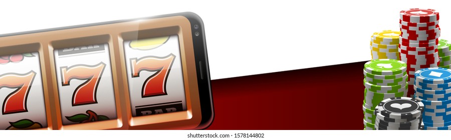 Illustration banner of mobile online casino application with 777 big win slot machine. Realistic advertising poster with online mobile app casino and Jackpot 777. Play now in One Armed Bandit banner