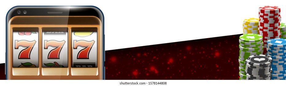 Illustration banner of mobile online casino application with 777 big win slot machine. Realistic advertising poster with online mobile app casino and Jackpot 777. Play now in One Armed Bandit banner