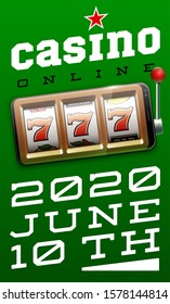 Illustration banner of mobile online casino application with 777 big win slot machine. Realistic advertising poster with online mobile app casino and Jackpot 777. Play now in One Armed Bandit banner