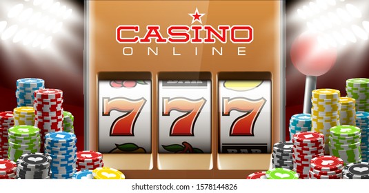 Illustration banner of mobile online casino application with 777 big win slot machine. Realistic advertising poster with online mobile app casino and Jackpot 777. Play now in One Armed Bandit banner