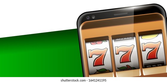 Illustration banner of mobile online casino application with 777 big win slot machine. Realistic advertising poster with online mobile app casino and Jackpot 777. Play now in One Armed Bandit banner