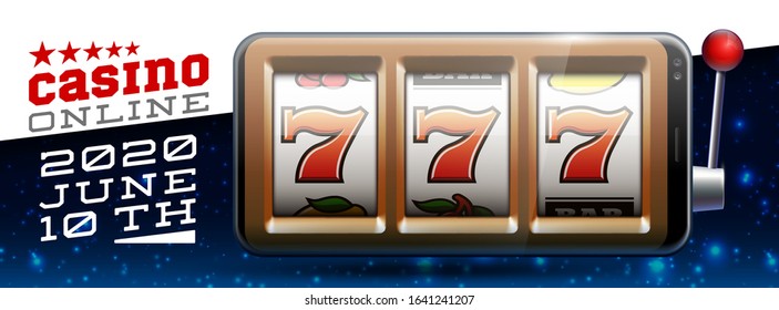 Illustration banner of mobile online casino application with 777 big win slot machine. Realistic advertising poster with online mobile app casino and Jackpot 777. Play now in One Armed Bandit banner