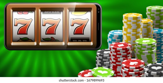 Illustration banner of mobile online casino application with 777 big win slot machine. Realistic advertising poster with online mobile app casino and Jackpot 777. Play now in One Armed Bandit banner