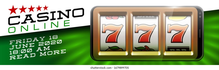 Illustration banner of mobile online casino application with 777 big win slot machine. Realistic advertising poster with online mobile app casino and Jackpot 777. Play now in One Armed Bandit banner