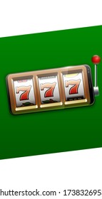 Illustration banner of mobile online casino application with 777 big win slot machine. Realistic advertising poster with online mobile app casino and Jackpot 777. Play now in One Armed Bandit banner