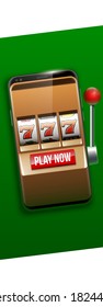 Illustration banner of mobile online casino application with 777 big win slot machine. Realistic advertising poster with online mobile app casino and Jackpot 777. Play now in One Armed Bandit banner