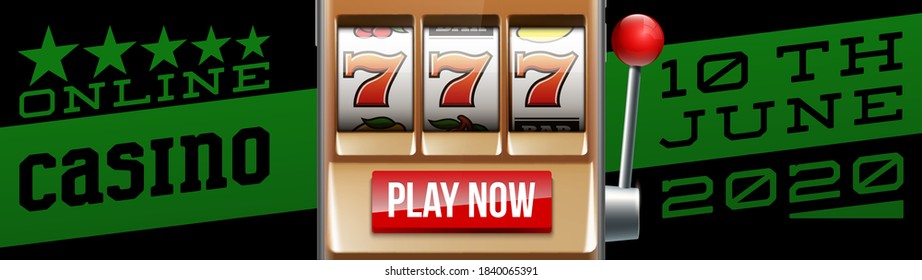 Illustration banner of mobile online casino application with 777 big win slot machine. Realistic advertising poster with online mobile app casino and Jackpot 777. Play now in One Armed Bandit banner