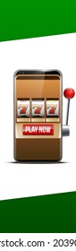 Illustration banner of mobile online casino application with 777 big win slot machine. Realistic advertising poster with online mobile app casino and Jackpot 777. Play now in One Armed Bandit banner