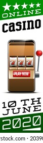 Illustration banner of mobile online casino application with 777 big win slot machine. Realistic advertising poster with online mobile app casino and Jackpot 777. Play now in One Armed Bandit banner