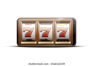 Illustration Banner der mobilen Online-Casino-Anwendung mit 777 großen Gewinnspielautomaten. Realistisches Werbeplakat mit Online Mobile App Casino und Jackpot 777. Jetzt auf dem Banner "Ein bewaffneter Bandit"spielen