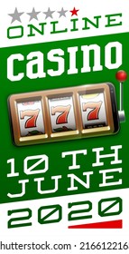 Illustration banner of mobile online casino application with 777 big win slot machine. Realistic advertising poster with online mobile app casino and Jackpot 777. Play now in One Armed Bandit banner