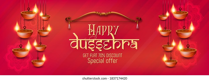 Illustration of banner or poster, header realistic oil lamp and bow in Happy Dussehra festival of India