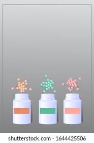 
Illustration banner, presentation, and advertisement of pharmaceuticals of different colors and bottles on gradient background