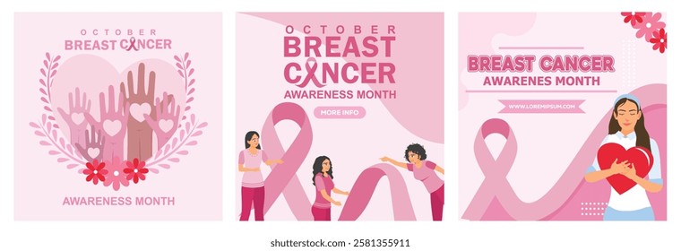 Illustration banner promoting Breast Cancer Awareness Month. Featuring themes of solidarity, respect and care. Breast cancer awareness concept. Set flat vector illustration.