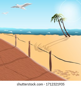 Illustration or banner, seashore and beach, the sun is shining brightly, palm trees near the shore, white seagulls are flying