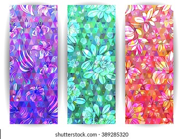 Illustration of banner set with floral ornament on triangle mosaic background
