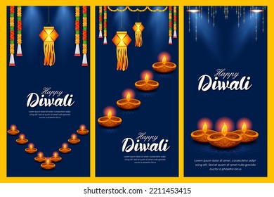 illustration of banner template background with burning diya on Happy Diwali Holiday for light festival of India