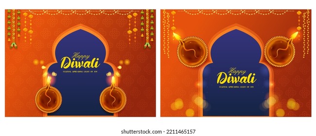 Illustration von Bannervorlagenhintergrund mit brennendem Diya auf "Happy Diwali Holiday"für das Lichfestival von Indien