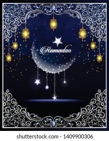 illustration of banner template for Eid or Ramadan with silver ornate arabic crystal diamond frame with the message Ramadan Mubarak on blue background- Vector