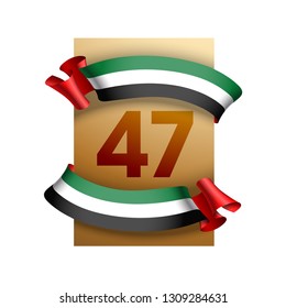 illustration banner with UAE flag isolated on white with Inscription in Arabic: 47 UAE National day Spirit of the union United Arab Emirates, Flat design Logo 47 Anniversary Celebration Abu Dhabi Card