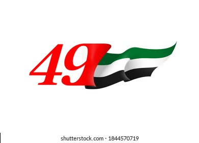 illustration banner with UAE national flag. Inscription in Arabic: Spirit of the union, National day 49, United Arab Emirates. Anniversary Celebration Card 2 December. UAE 49 Independence Day