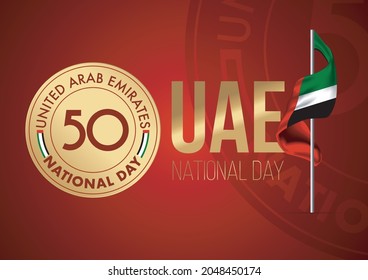 illustration banner with UAE national flag. The script in Arabic means: Spirit of the union, National day 50, United Arab Emirates. Anniversary Celebration Card.Gradient red background. Gold text.