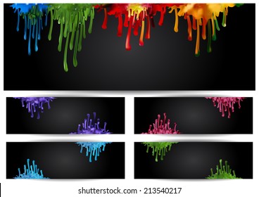 Illustration of banners with abstract colorful paint runs on black background 