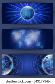 Illustration of banners with abstract globe, world map and air travel routes