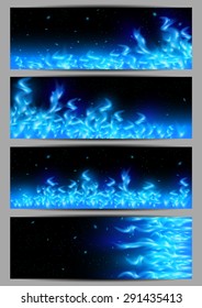 Illustration of banners with blue flame tips and sparks on black background
