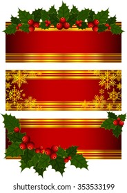 Illustration of banners with Christmas holly decoration and snowflakes
