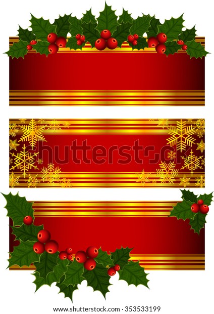 Illustration of banners with Christmas holly\
decoration and\
snowflakes