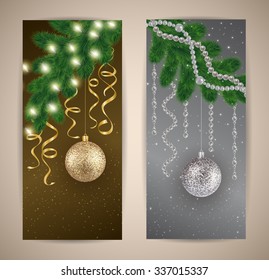 Illustration of banners with Christmas tree branches, balls, lights, streamers and beads
