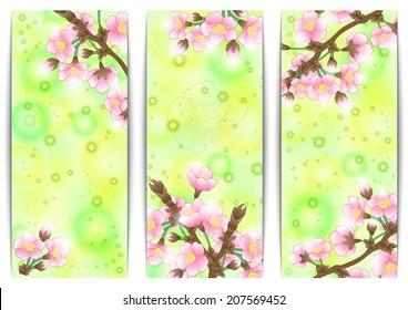 Illustration of banners collection with apple tree branches and flowers 