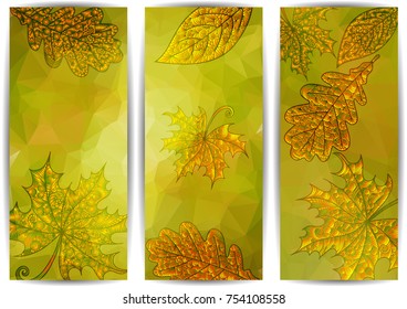 Illustration of banners with colorful doodle leaves and triangle background
