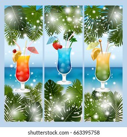 Illustration of banners with palm leaves, alcoholic cocktails and summer seashore background
