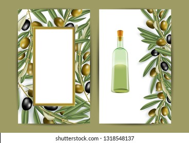 Illustration of banners with realistic olive tree branches and bottle
